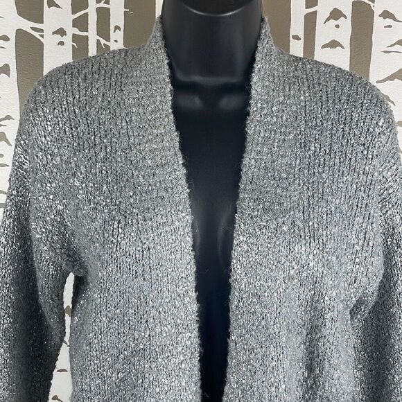 Silver Metallic Painted Wool Blend Longline Open Front Cardigan Sweater S - Picture 5 of 8